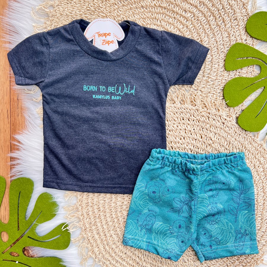 Conj. Camiseta Born to Be Wild e Bermuda - Chumbo e Verde
